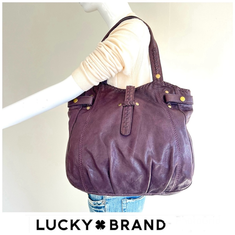 LUCKY BRAND Eggplant Purple Smooth Leather Studded Stitching Accent Shoulder Bag